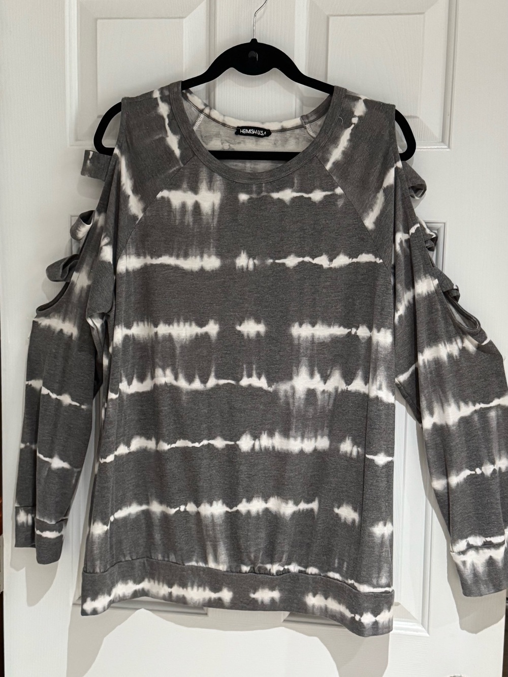 HEIMISH USA Grey and Black Tie-Dye Cold Shoulder Crewneck